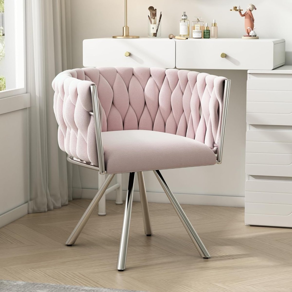 Pink Velvet Swivel Dining Chair 360° Accent Armchair Metal Legs - Kwikley
