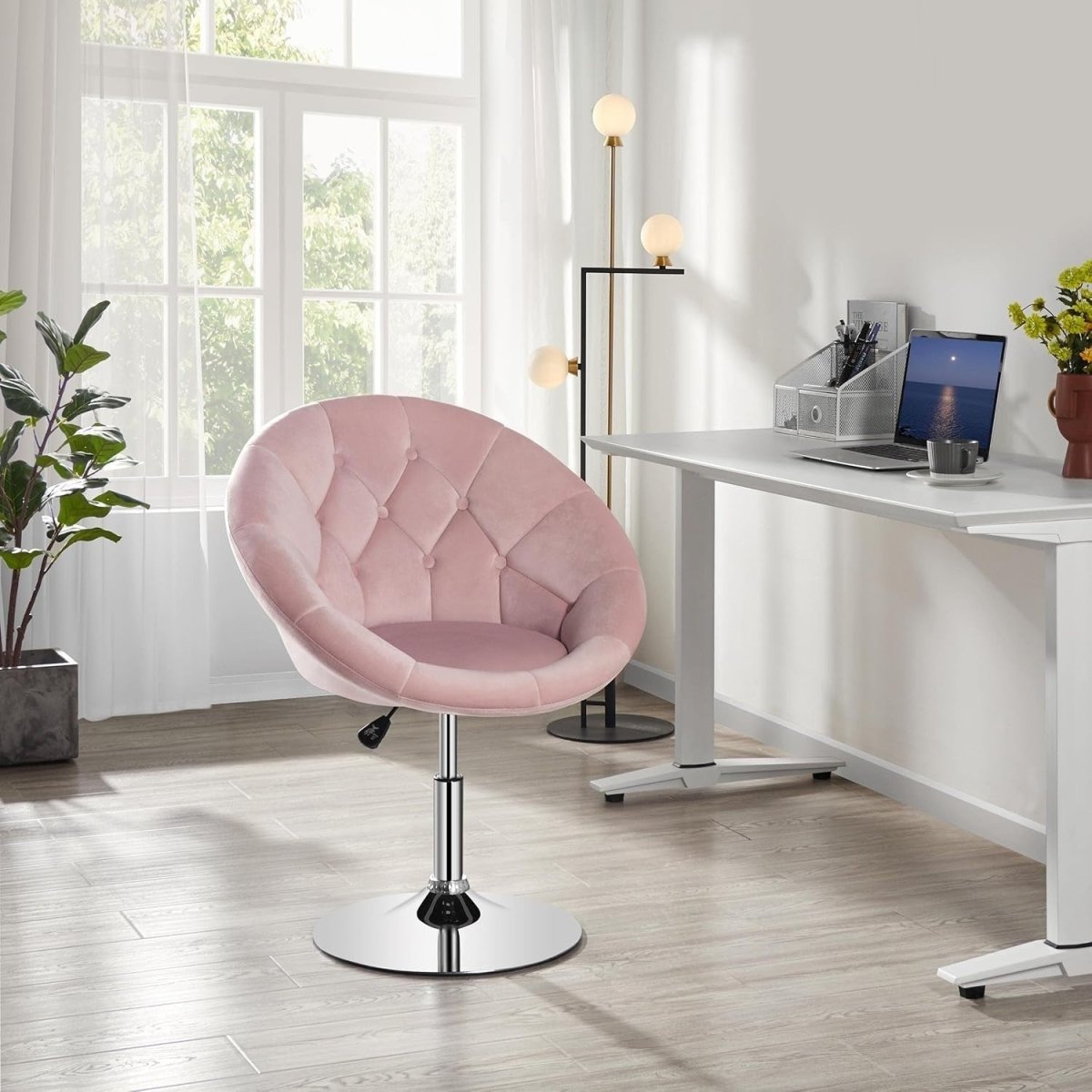 Pink Velvet Swivel Vanity Chair Adjustable Tufted Armchair for Dressing Table - Kwikley