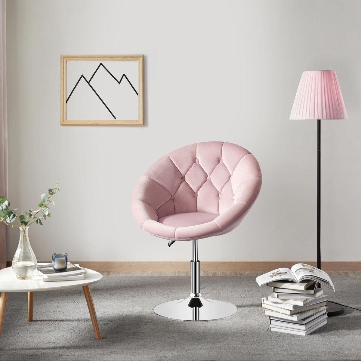 Pink Velvet Swivel Vanity Chair Adjustable Tufted Armchair for Dressing Table - Kwikley