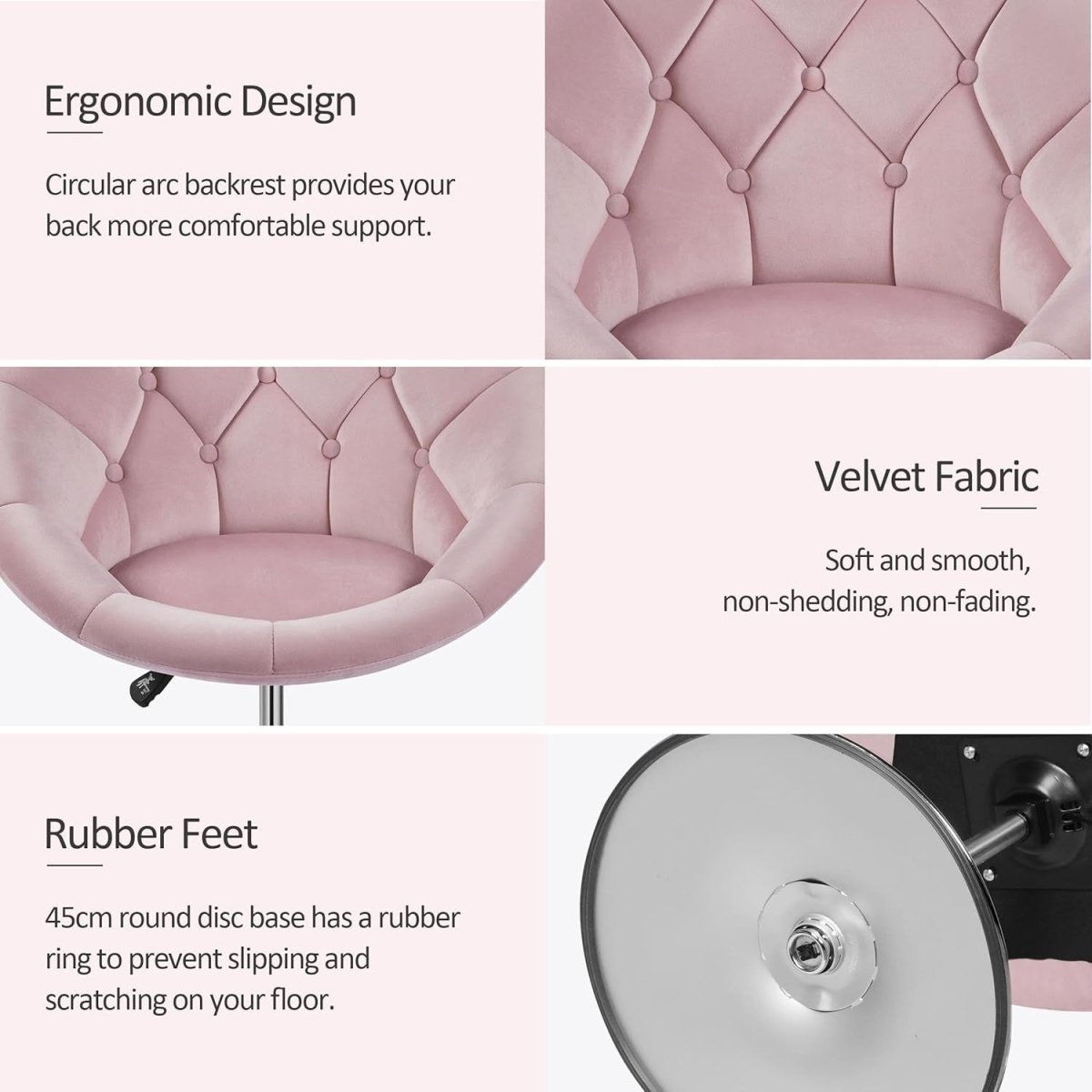 Pink Velvet Swivel Vanity Chair Adjustable Tufted Armchair for Dressing Table - Kwikley