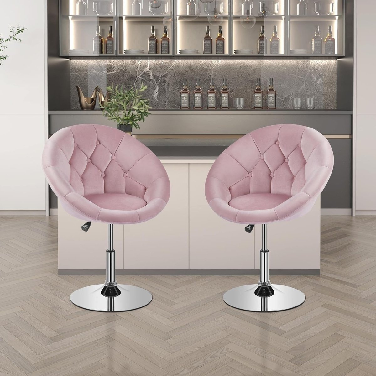 Pink Velvet Swivel Vanity Chair Adjustable Tufted Armchair for Dressing Table - Kwikley