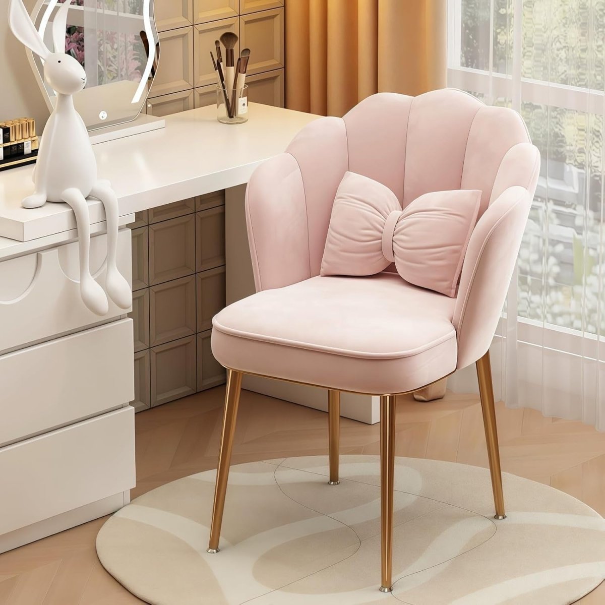 Pink Velvet Tub Chair Petal Back Vanity Armchair with Metal Legs & Footpads - Kwikley