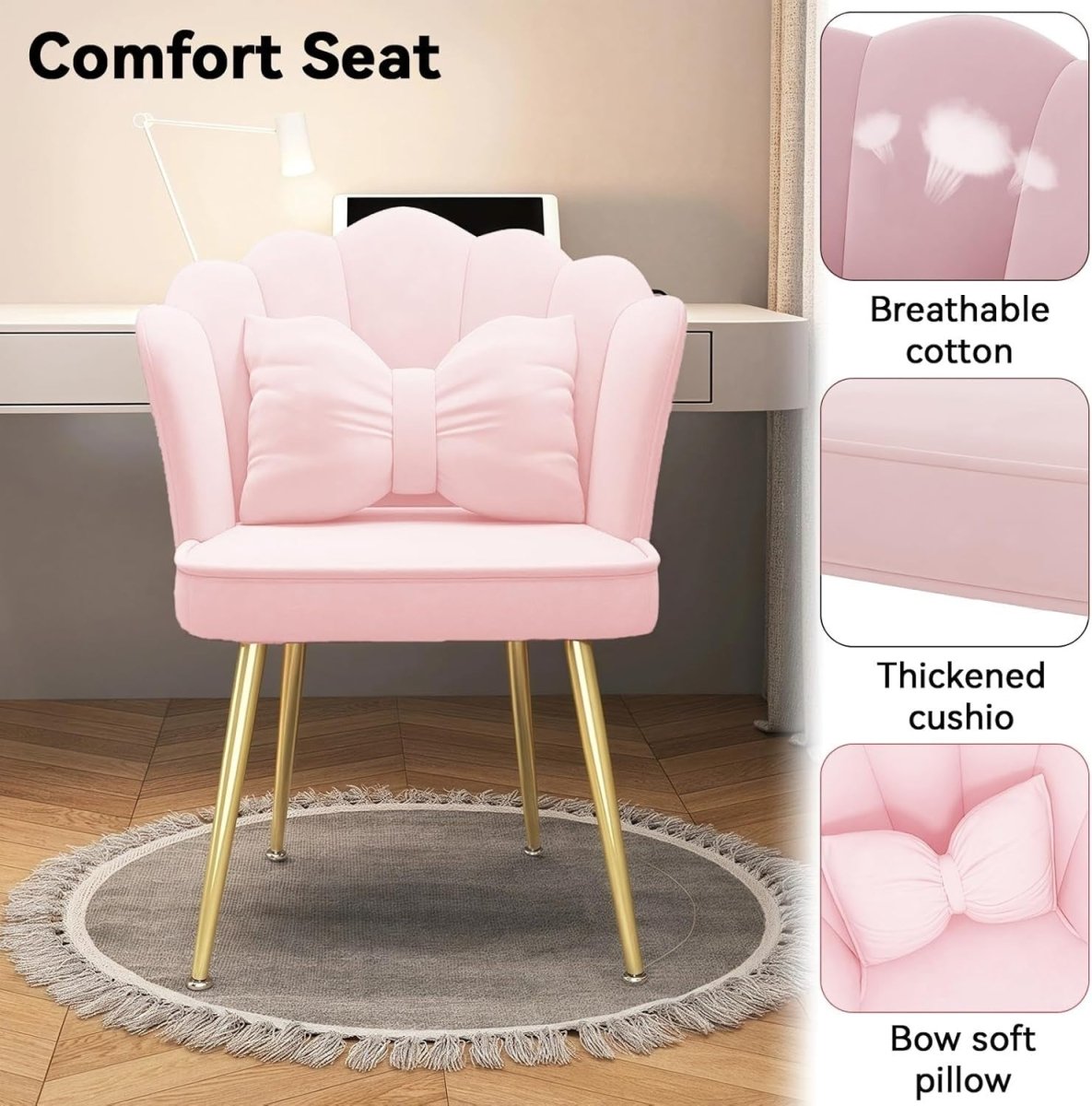 Pink Velvet Tub Chair Petal Back Vanity Armchair with Metal Legs & Footpads - Kwikley