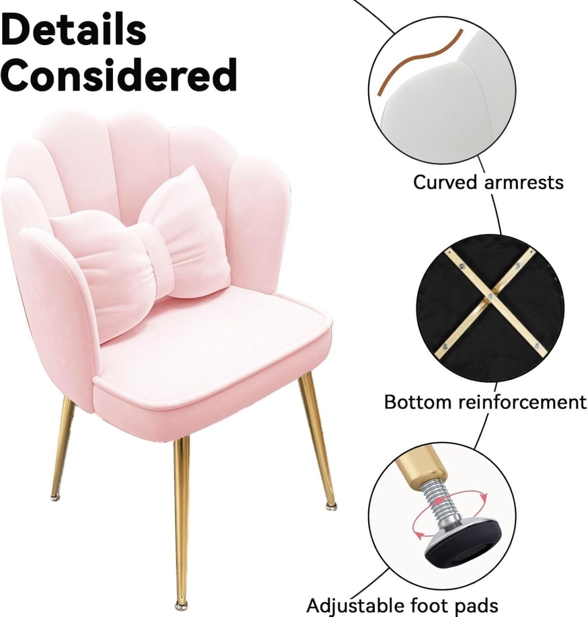 Pink Velvet Tub Chair Petal Back Vanity Armchair with Metal Legs & Footpads - Kwikley