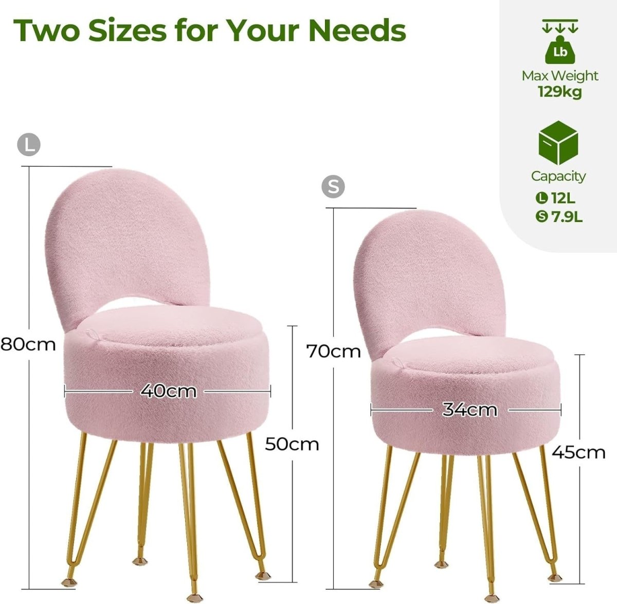 Pink Velvet Vanity Chair Large with Storage Foldable Backrest Footstool - Kwikley