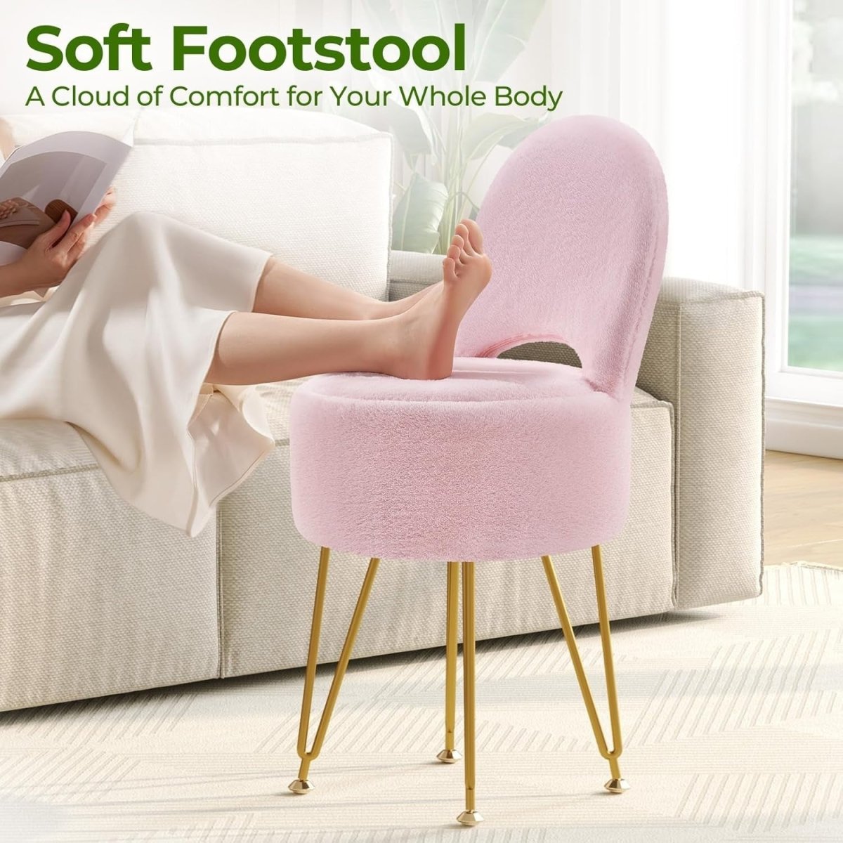 Pink Velvet Vanity Chair Large with Storage Foldable Backrest Footstool - Kwikley