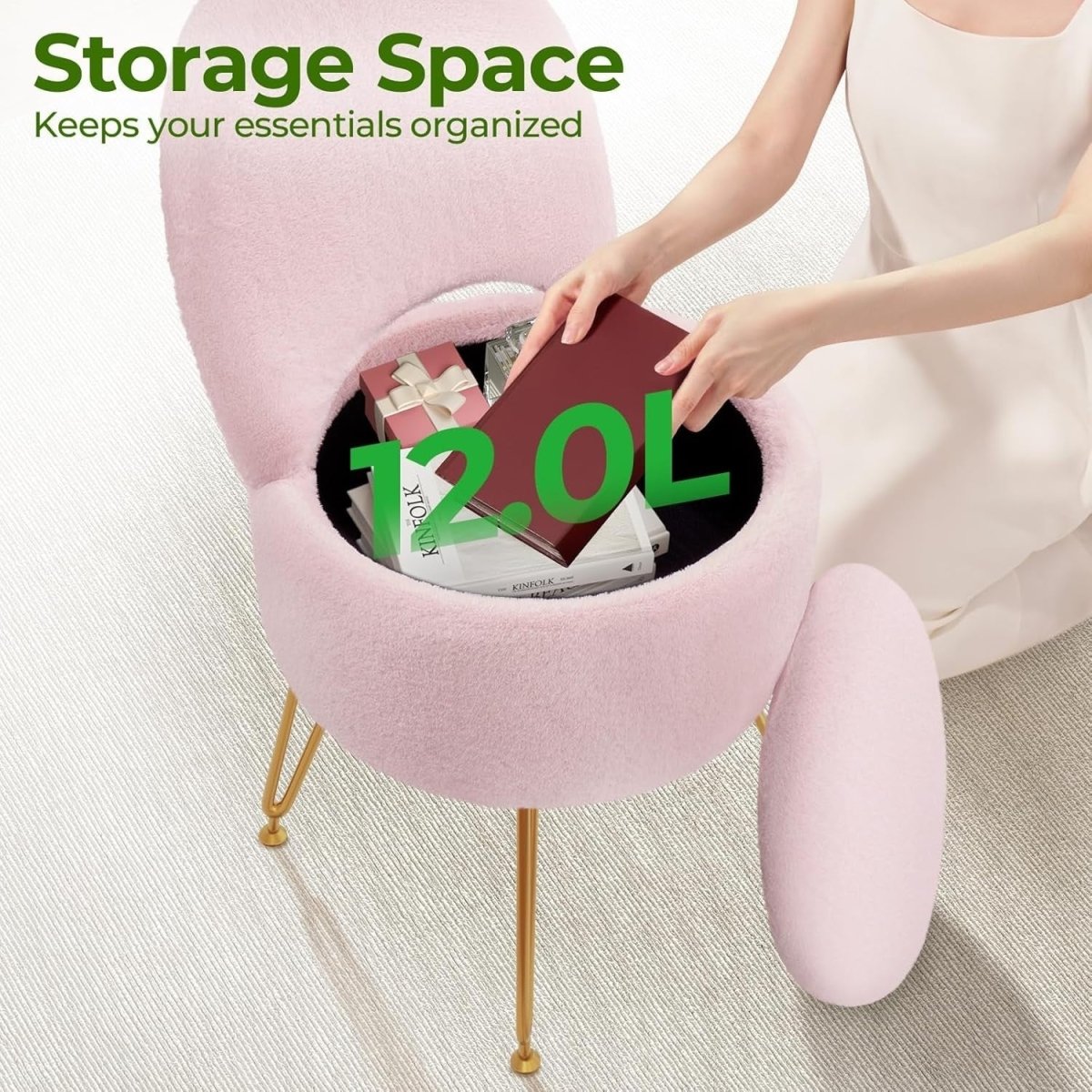 Pink Velvet Vanity Chair Large with Storage Foldable Backrest Footstool - Kwikley