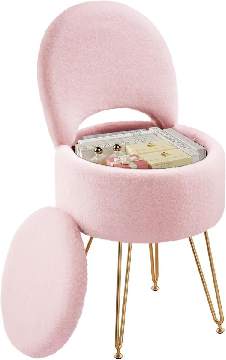 Pink Velvet Vanity Chair Large with Storage Foldable Backrest Footstool - Kwikley