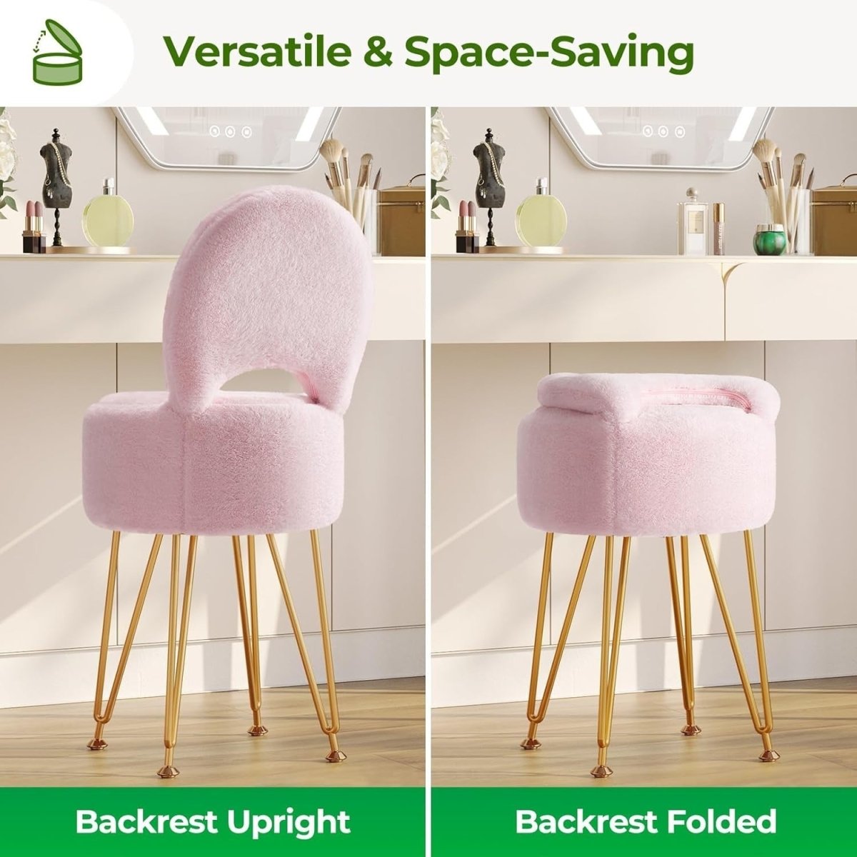 Pink Velvet Vanity Chair Large with Storage Foldable Backrest Footstool - Kwikley