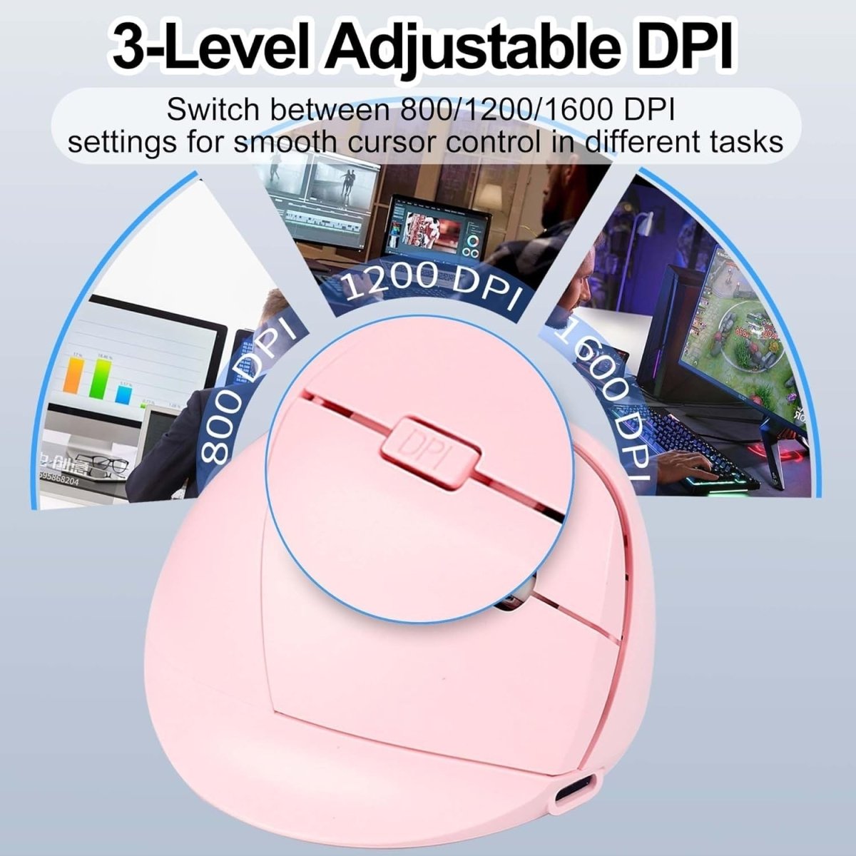 Pink Vertical Wireless Mouse Bluetooth Silent Rechargeable 7 Button - Kwikley