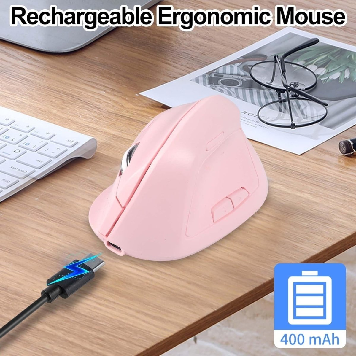 Pink Vertical Wireless Mouse Bluetooth Silent Rechargeable 7 Button - Kwikley
