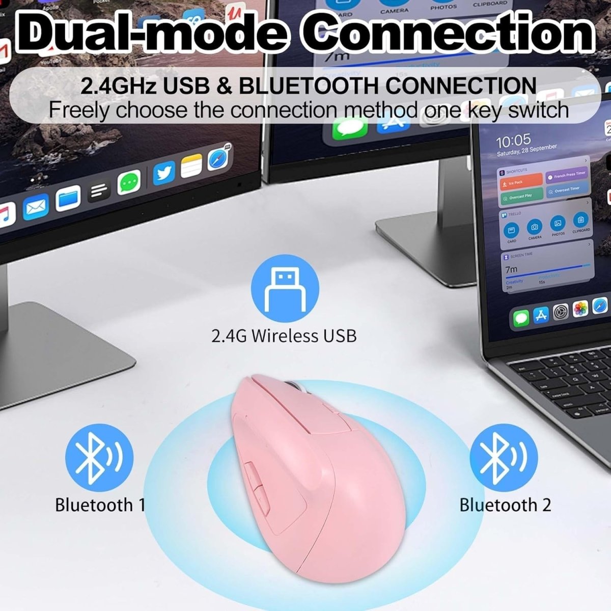 Pink Vertical Wireless Mouse Bluetooth Silent Rechargeable 7 Button - Kwikley