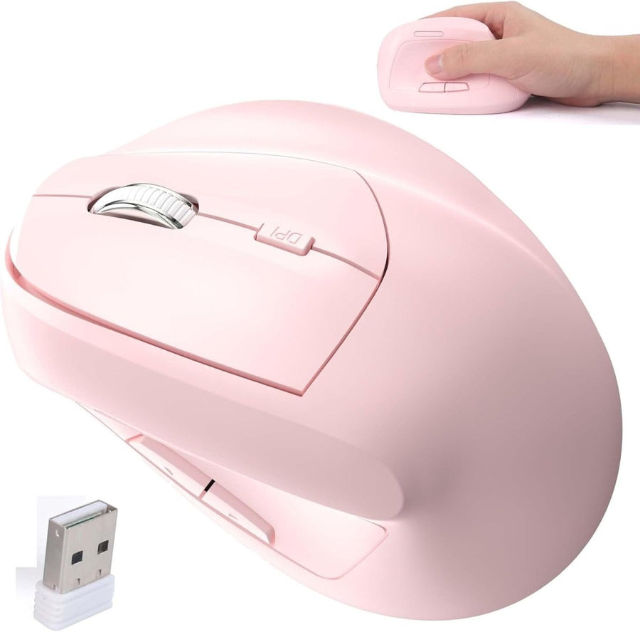 Pink Vertical Wireless Mouse Bluetooth Silent Rechargeable 7 Button - Kwikley