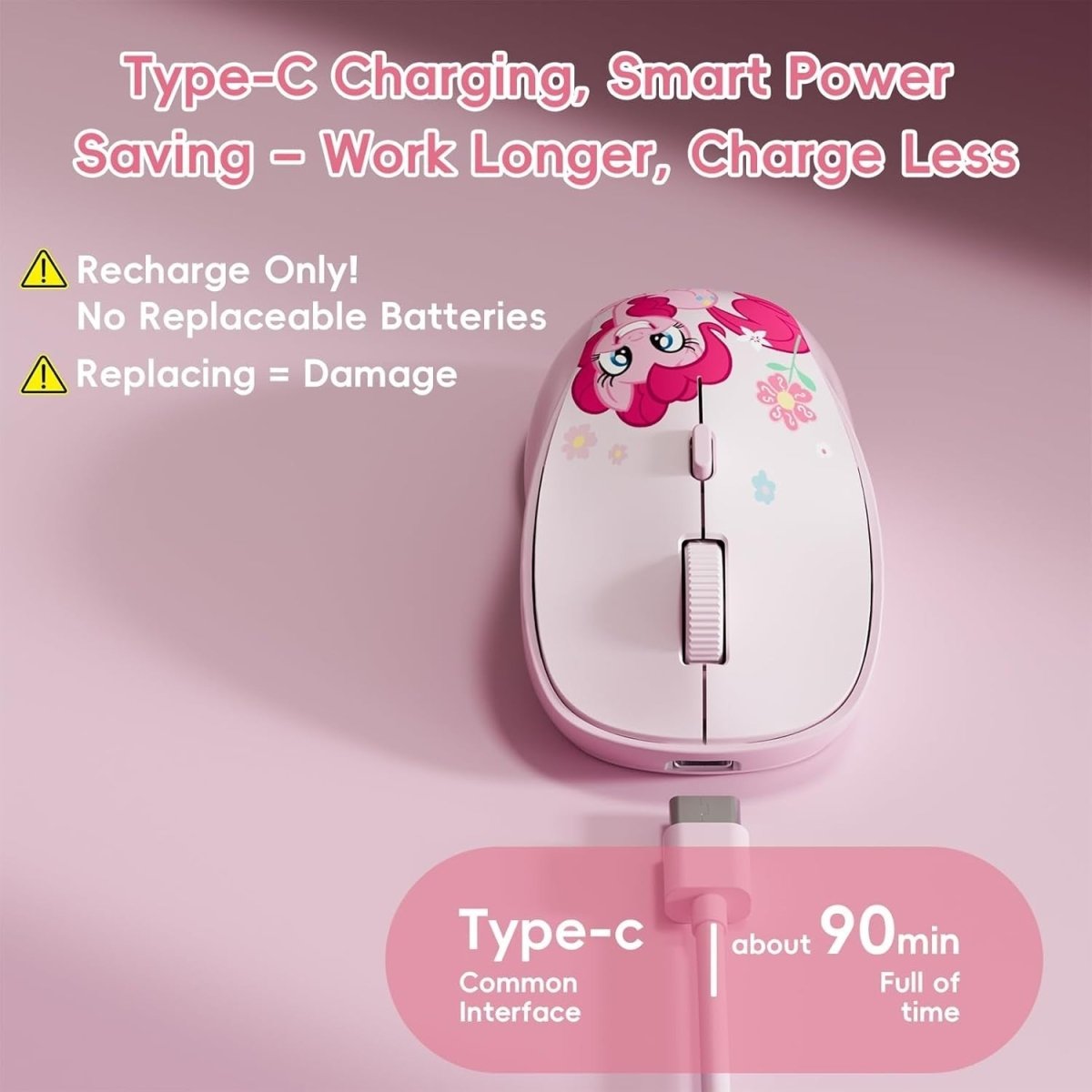 Pink Wireless Mouse Silent 1600DPI Rechargeable Ergonomic USB - Kwikley