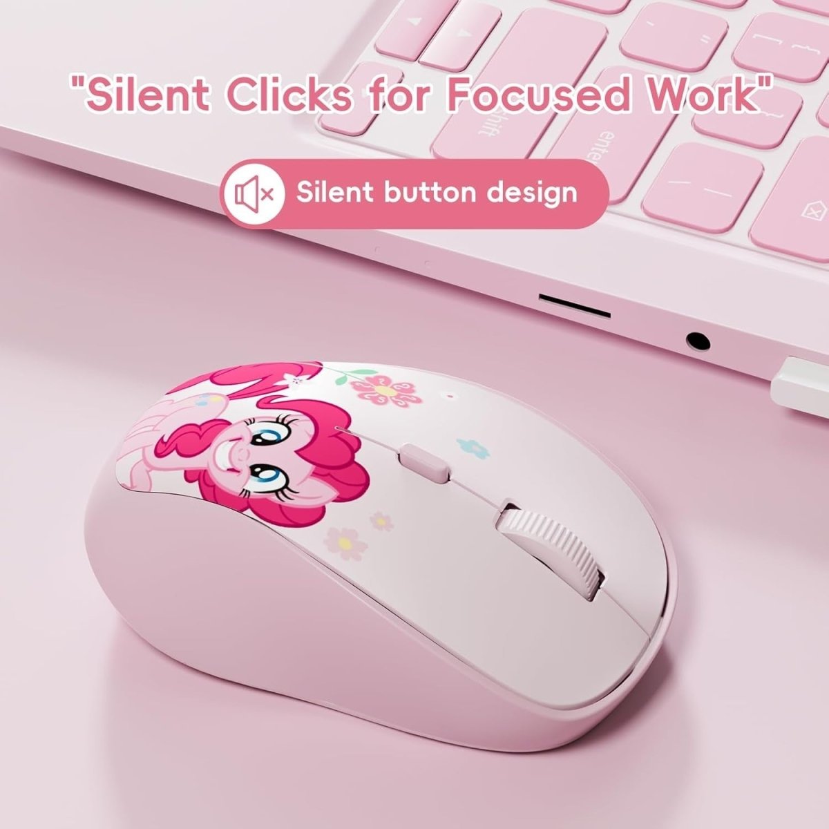Pink Wireless Mouse Silent 1600DPI Rechargeable Ergonomic USB - Kwikley