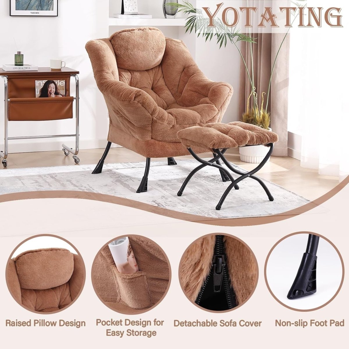 Plush Accent Armchair with Footstool Ottoman Lounge Chair Brown - Kwikley