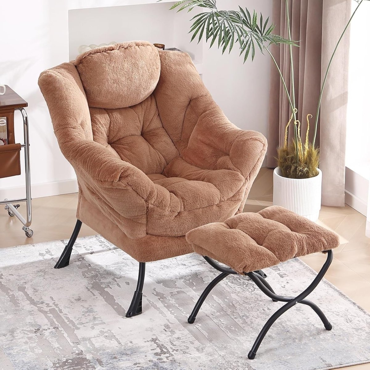 Plush Accent Armchair with Footstool Ottoman Lounge Chair Brown - Kwikley