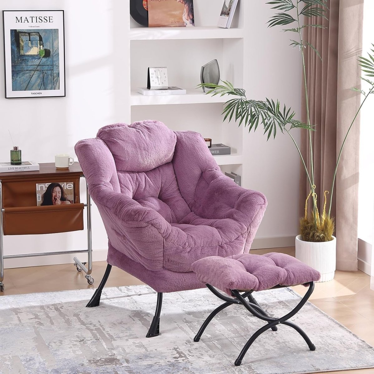Plush Accent Armchair with Footstool Ottoman Lounge Chair Purple - Kwikley
