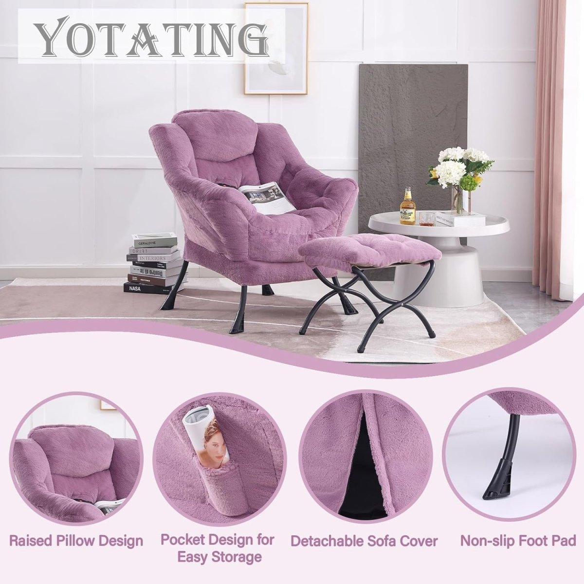 Plush Accent Armchair with Footstool Ottoman Lounge Chair Purple - Kwikley
