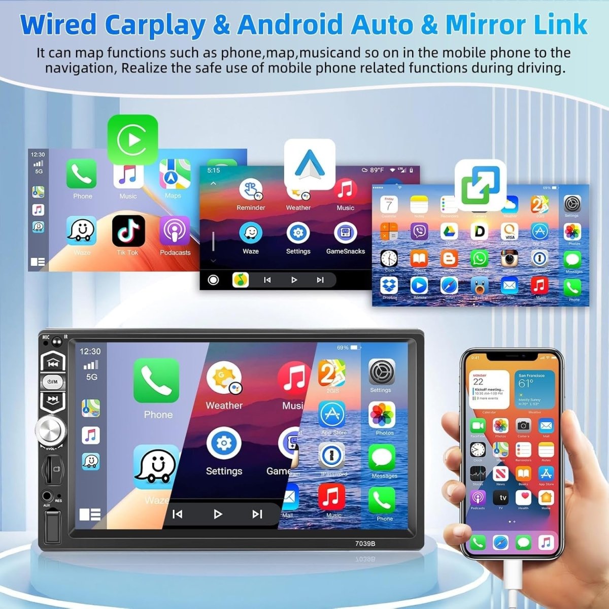 Podofo 7" Car Stereo Single Din Apple CarPlay Android Auto Bluetooth - Kwikley