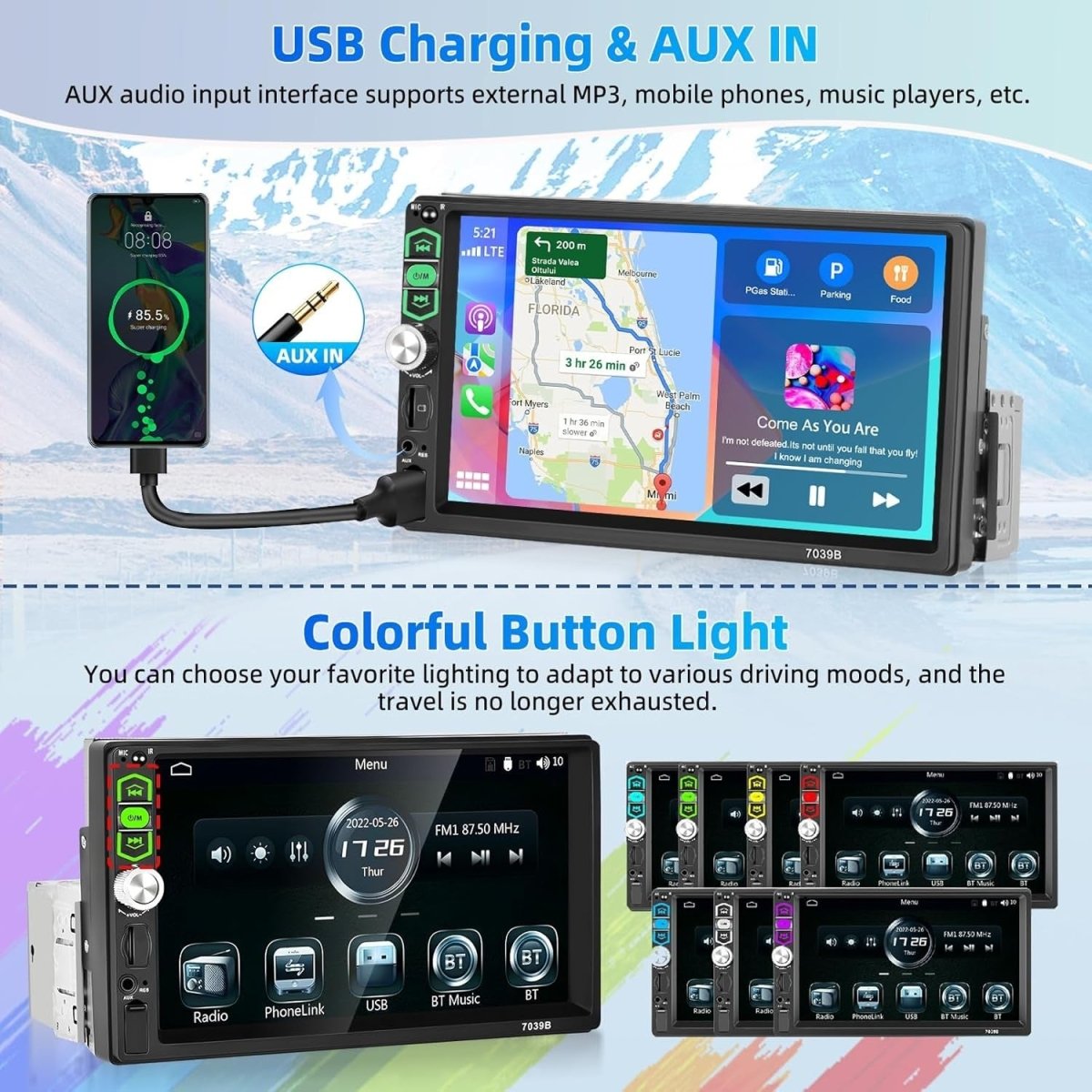 Podofo 7" Car Stereo Single Din Apple CarPlay Android Auto Bluetooth - Kwikley