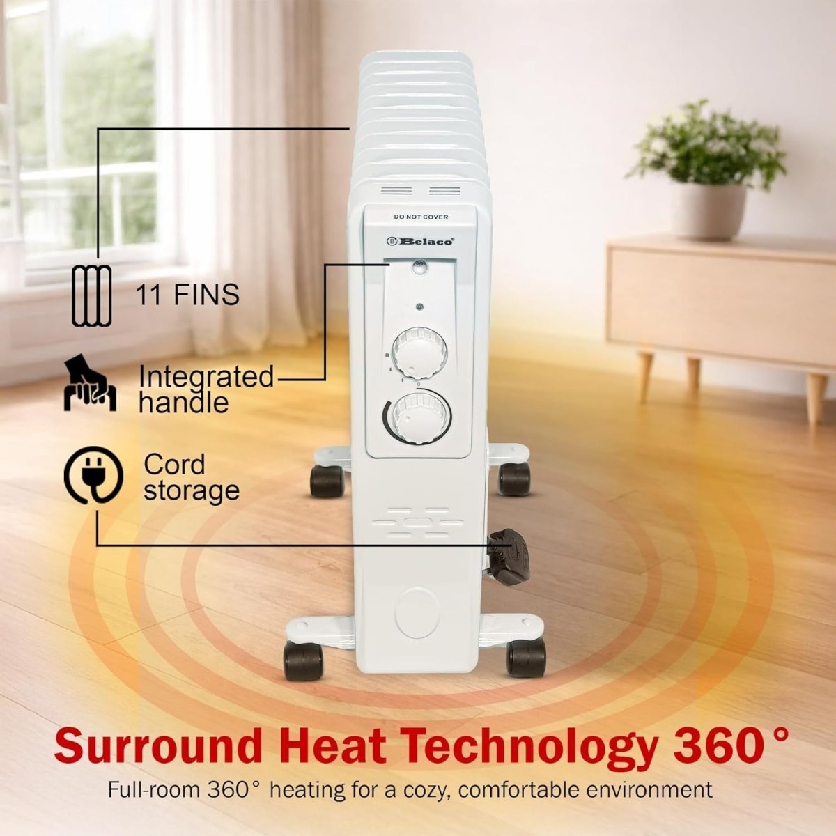 Portable 11 - Fin Oil Filled Radiator Heater 3 Heat Settings Thermostat - Kwikley