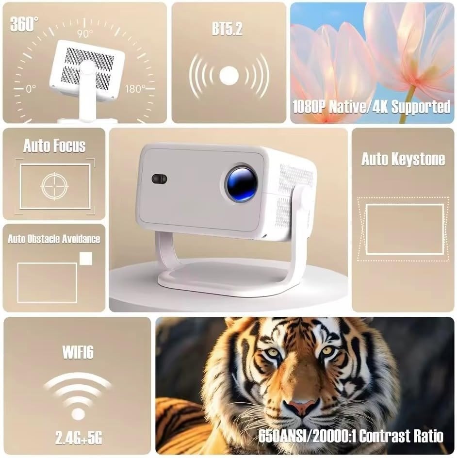 Portable 4K Smart Projector 1080P 650 ANSI WiFi 6 Auto Focus 360° - Kwikley