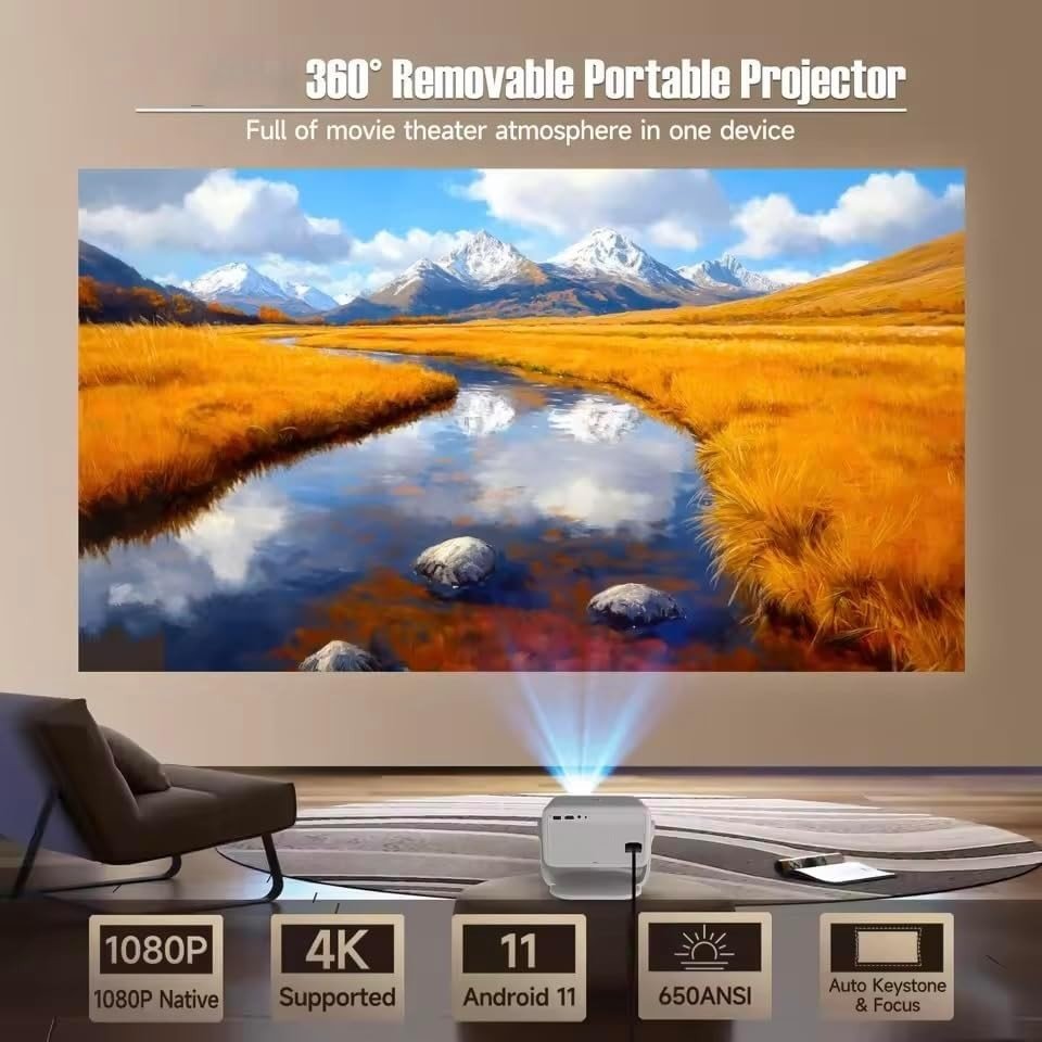Portable 4K Smart Projector 1080P 650 ANSI WiFi 6 Auto Focus 360° - Kwikley