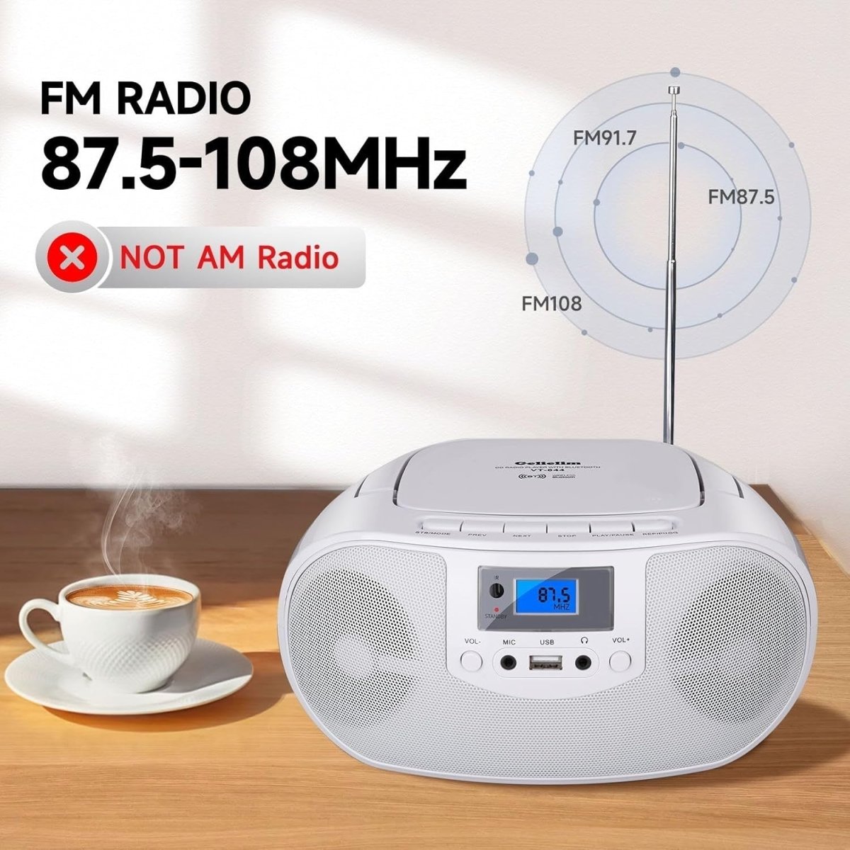 Portable Bluetooth CD Player Boombox FM Radio USB Remote Stereo Lights - Kwikley