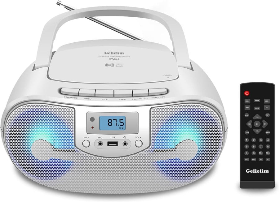 Portable Bluetooth CD Player Boombox FM Radio USB Remote Stereo Lights - Kwikley