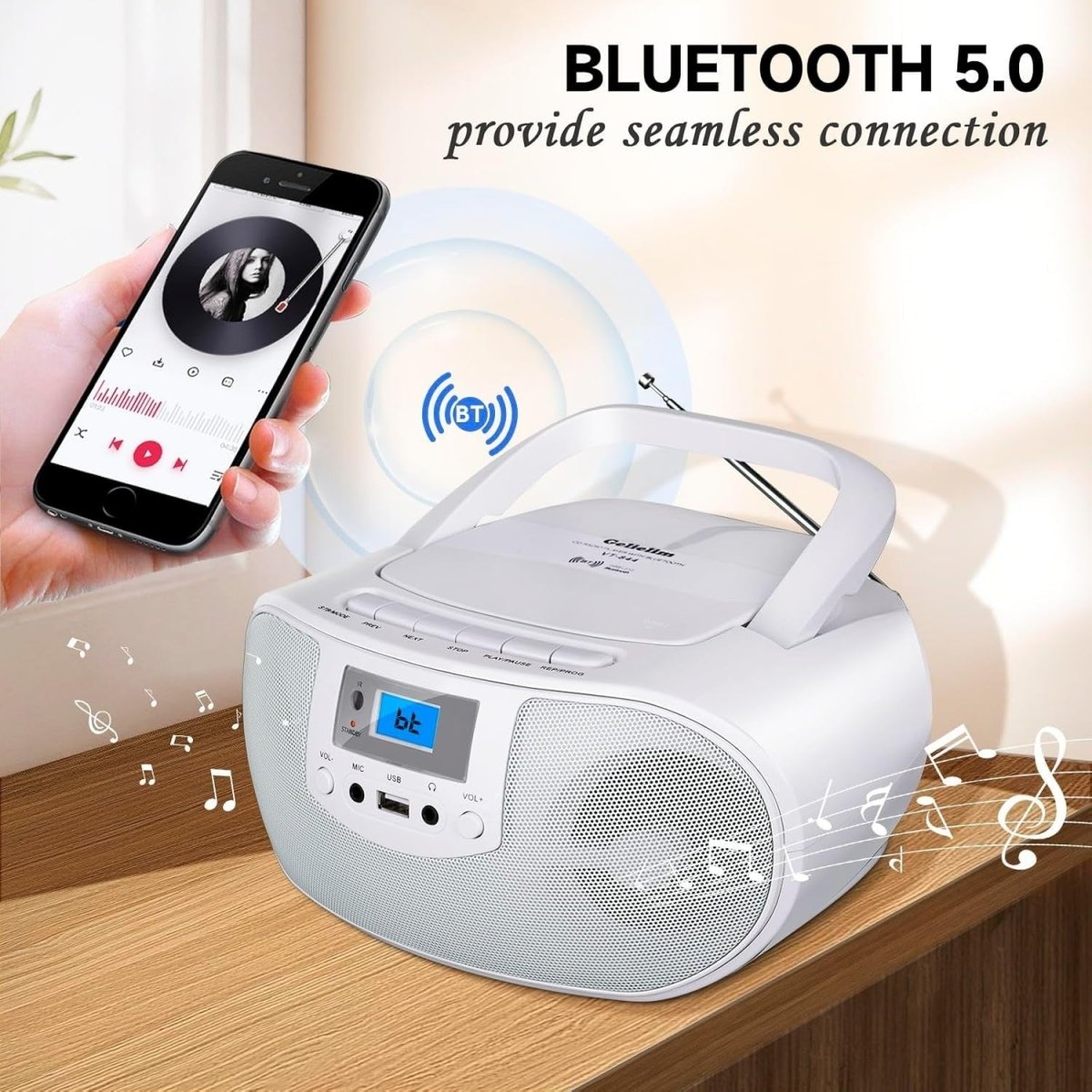 Portable Bluetooth CD Player Boombox FM Radio USB Remote Stereo Lights - Kwikley