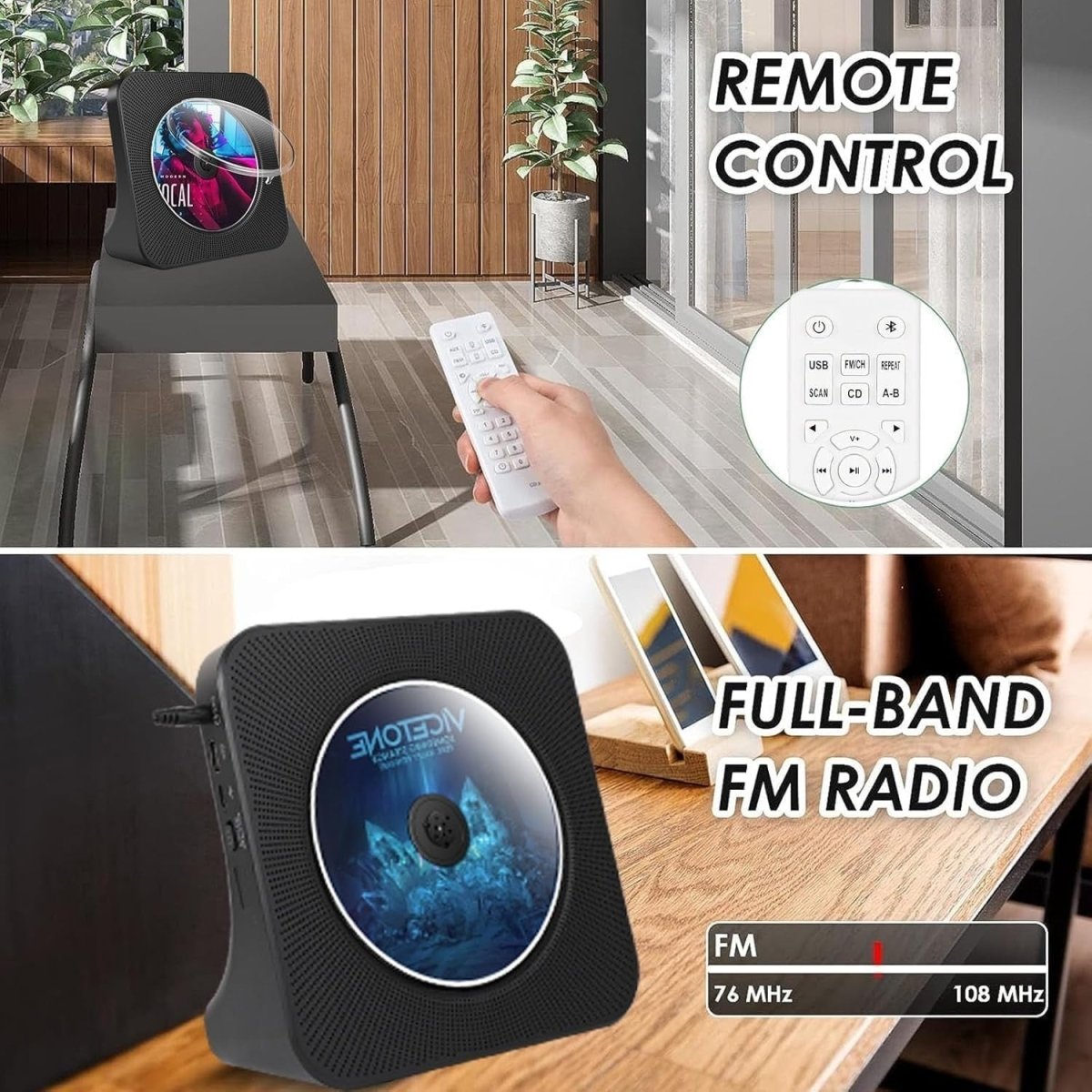 Portable Bluetooth CD Player HiFi Speakers FM Radio USB AUX Remote - Kwikley