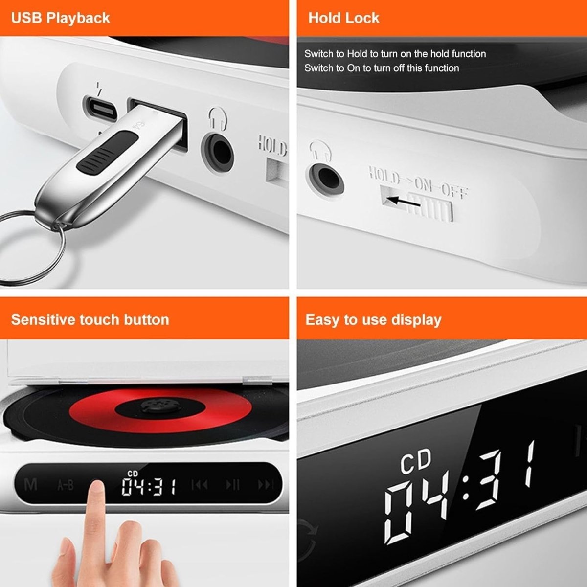 Portable Bluetooth CD Player Rechargeable LCD USB AUX w/ Earphones - Kwikley