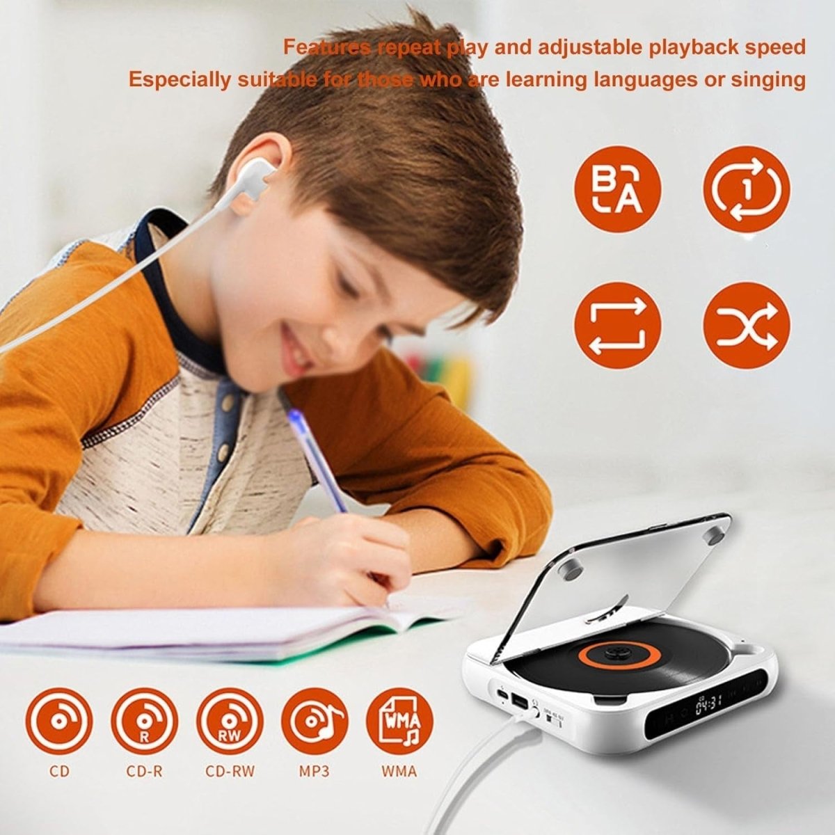 Portable Bluetooth CD Player Rechargeable LCD USB AUX w/ Earphones - Kwikley