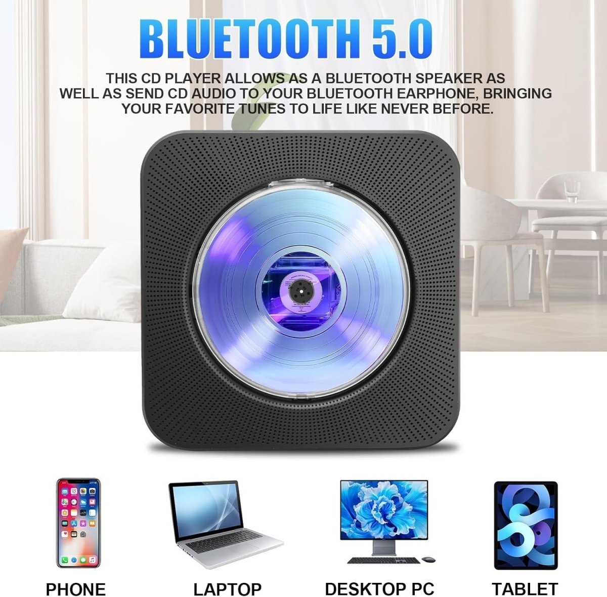 Portable Bluetooth CD Player with HiFi Speakers FM Radio Remote Aux USB - Kwikley