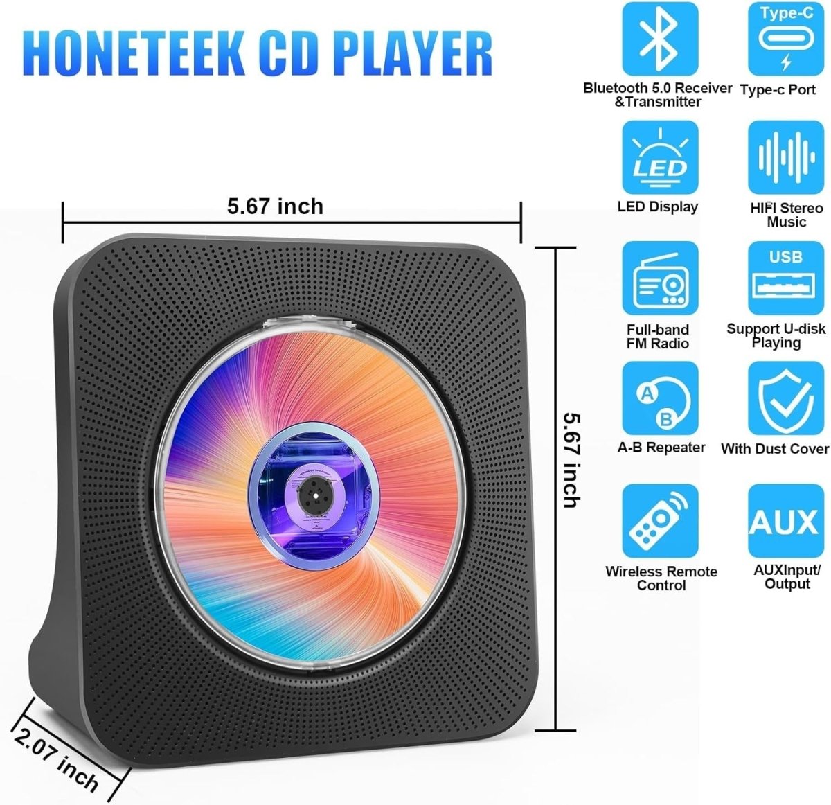 Portable Bluetooth CD Player with HiFi Speakers FM Radio Remote Aux USB - Kwikley