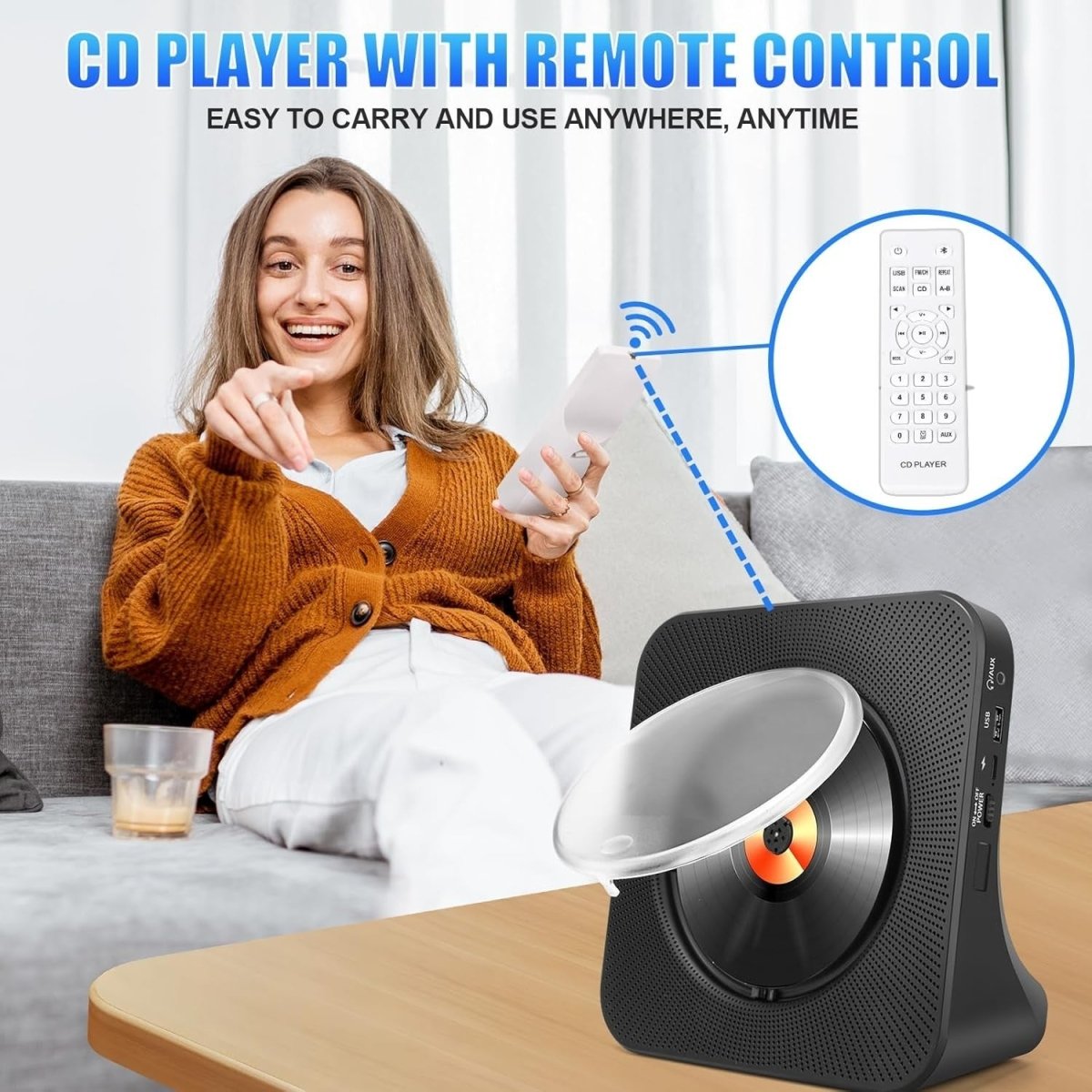 Portable Bluetooth CD Player with HiFi Speakers FM Radio Remote Aux USB - Kwikley