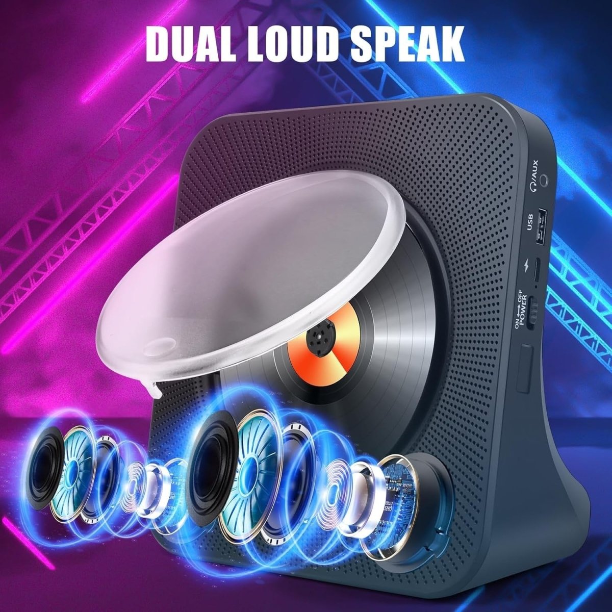 Portable Bluetooth CD Player with HiFi Speakers FM Radio Remote Aux USB - Kwikley