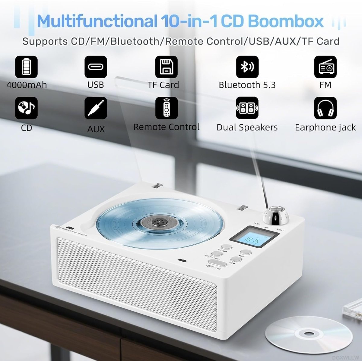 Portable CD Boombox Bluetooth FM Radio Rechargeable USB AUX Remote - Kwikley