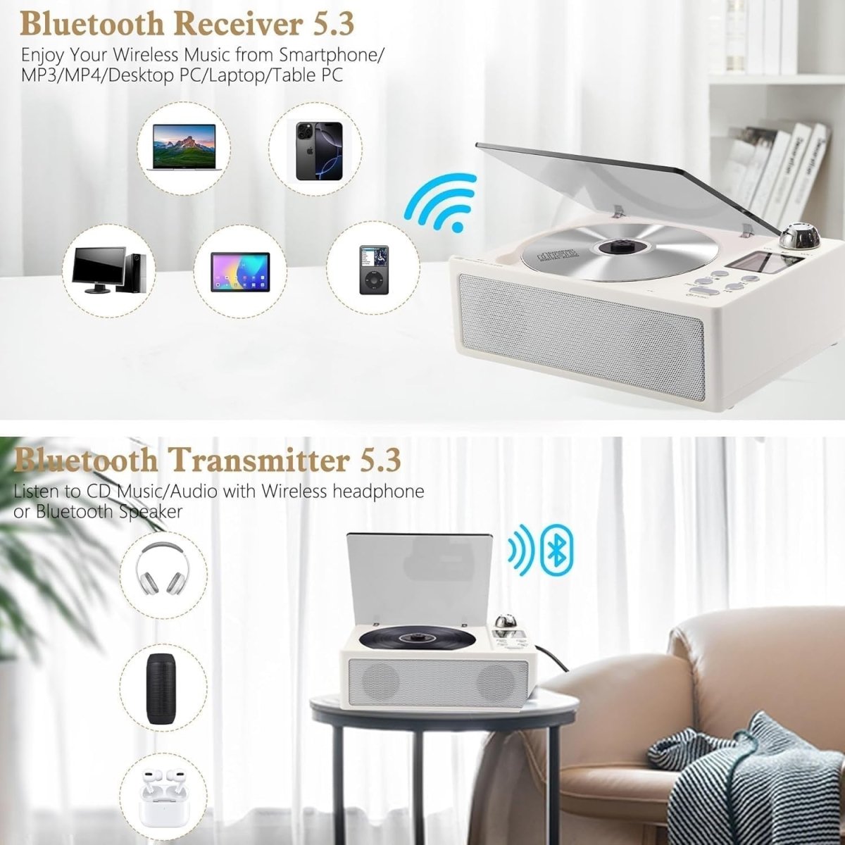 Portable CD Boombox Bluetooth FM Radio Rechargeable USB AUX Remote - Kwikley
