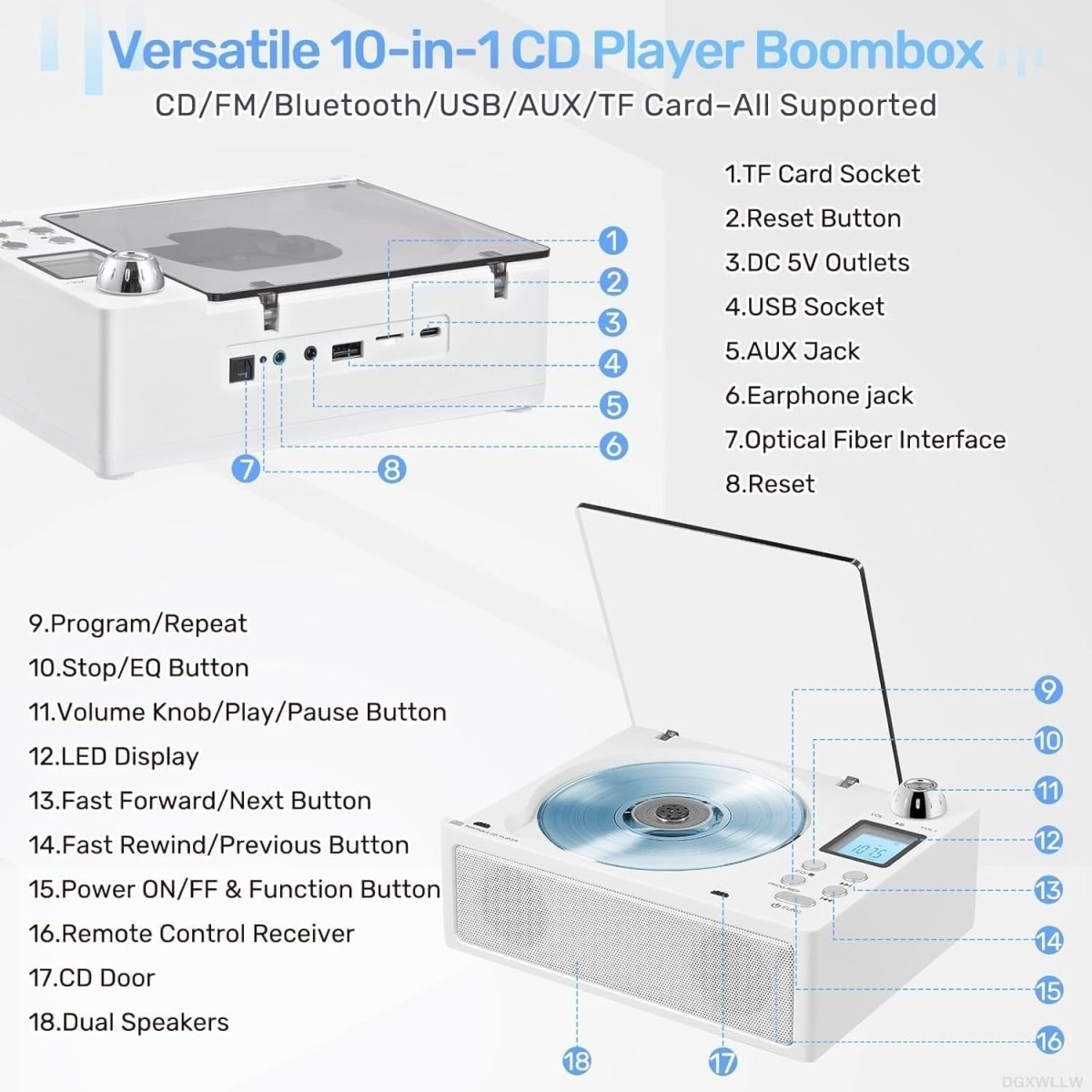 Portable CD Boombox Bluetooth FM Radio Rechargeable USB AUX Remote - Kwikley