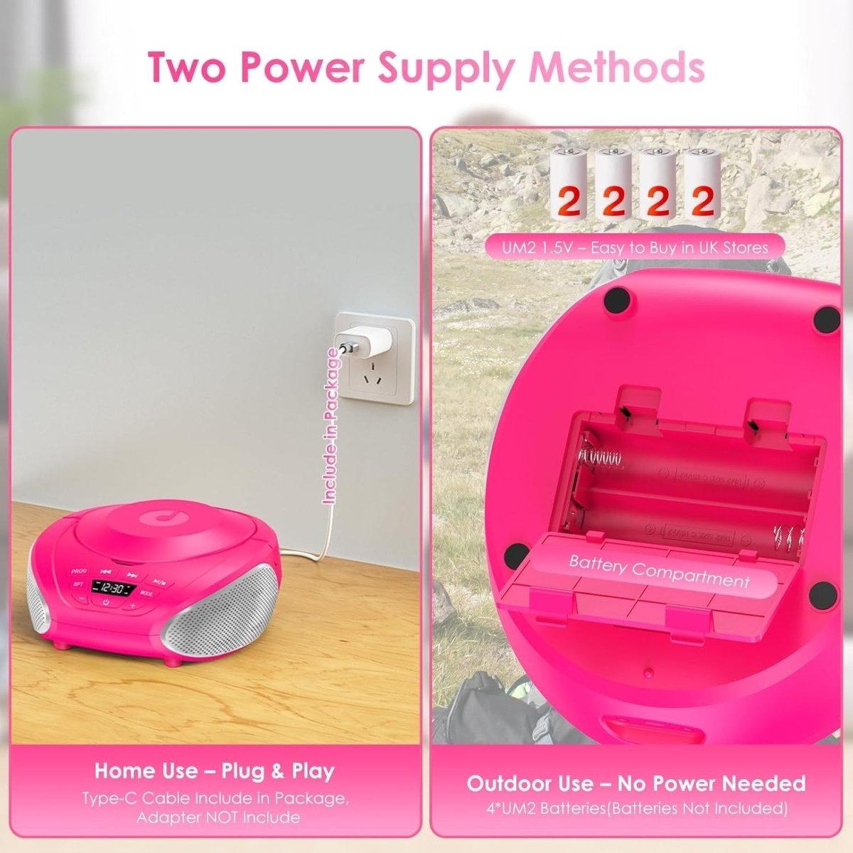 Portable CD Boombox Stereo Speakers FM Radio AUX LCD Pink Silver - Kwikley