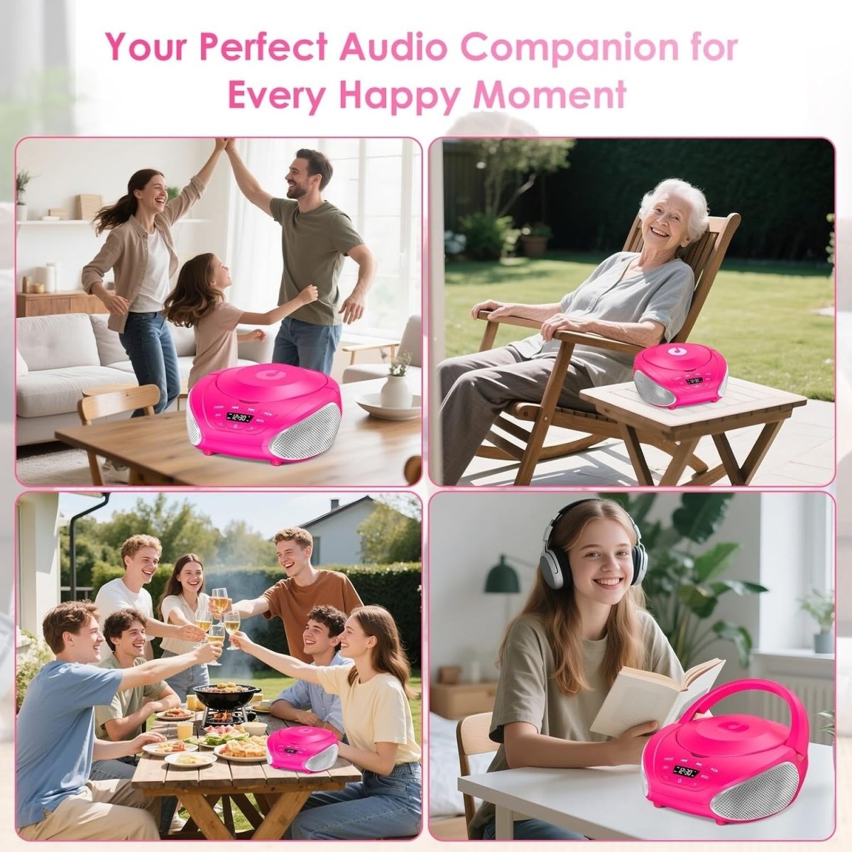 Portable CD Boombox Stereo Speakers FM Radio AUX LCD Pink Silver - Kwikley