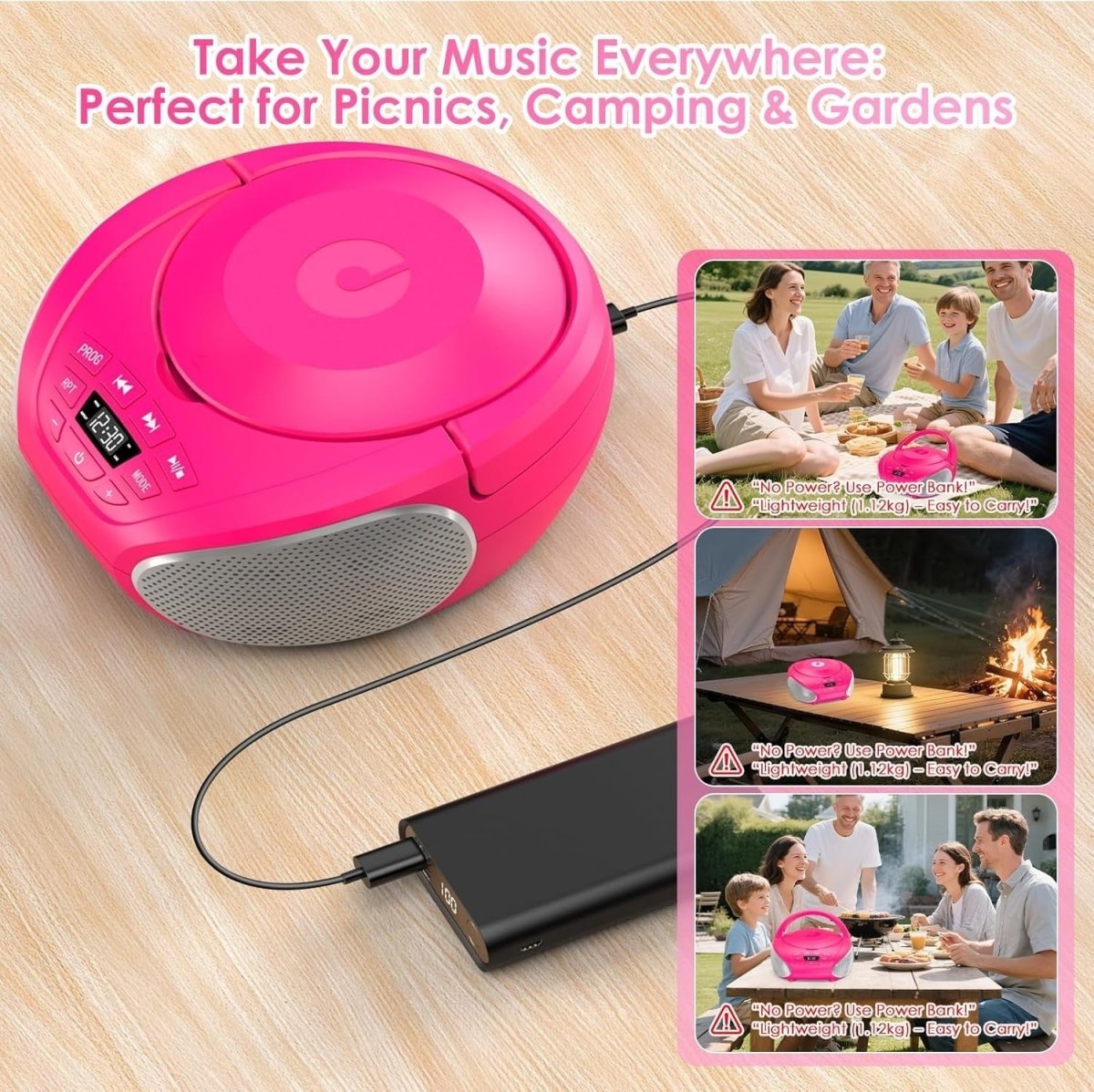 Portable CD Boombox Stereo Speakers FM Radio AUX LCD Pink Silver - Kwikley