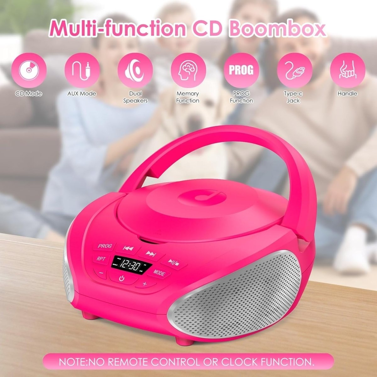 Portable CD Boombox Stereo Speakers FM Radio AUX LCD Pink Silver - Kwikley