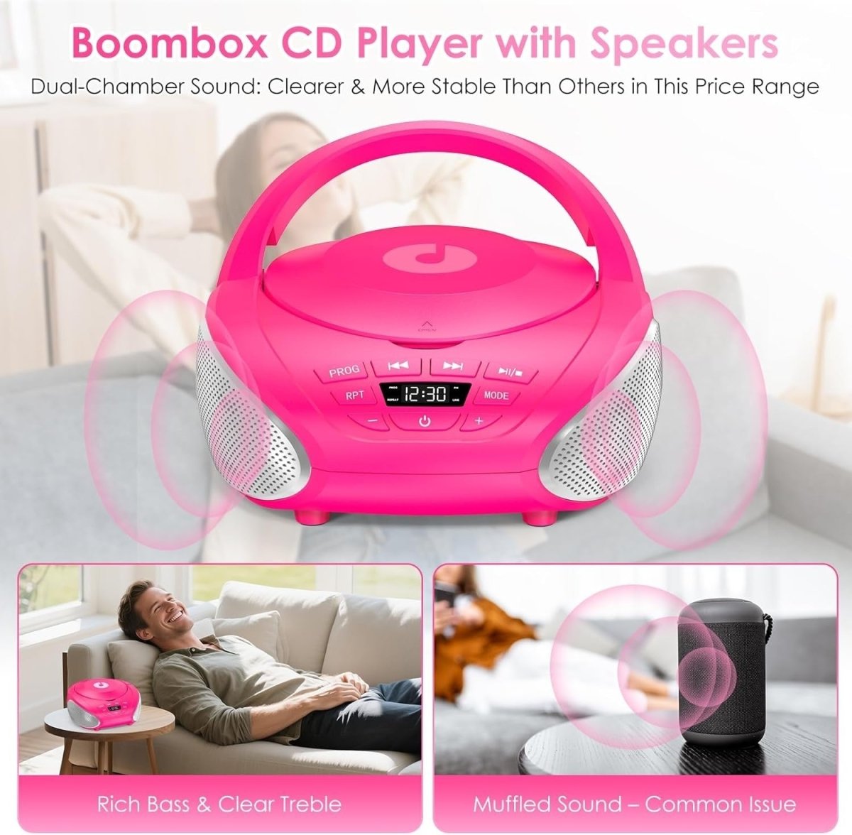 Portable CD Boombox Stereo Speakers FM Radio AUX LCD Pink Silver - Kwikley