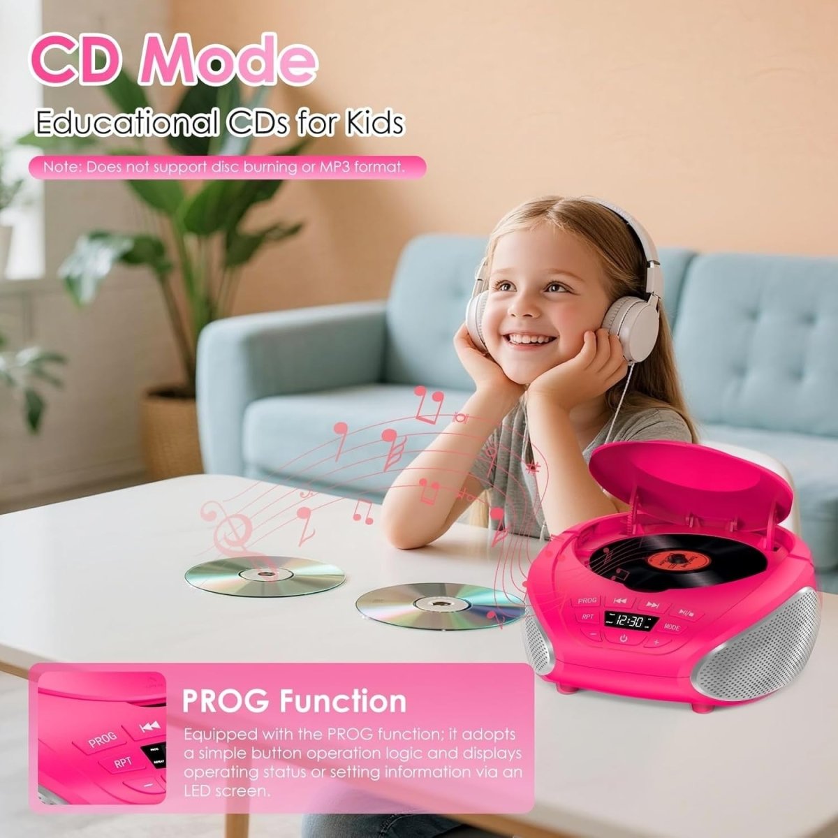 Portable CD Boombox Stereo Speakers FM Radio AUX LCD Pink Silver - Kwikley