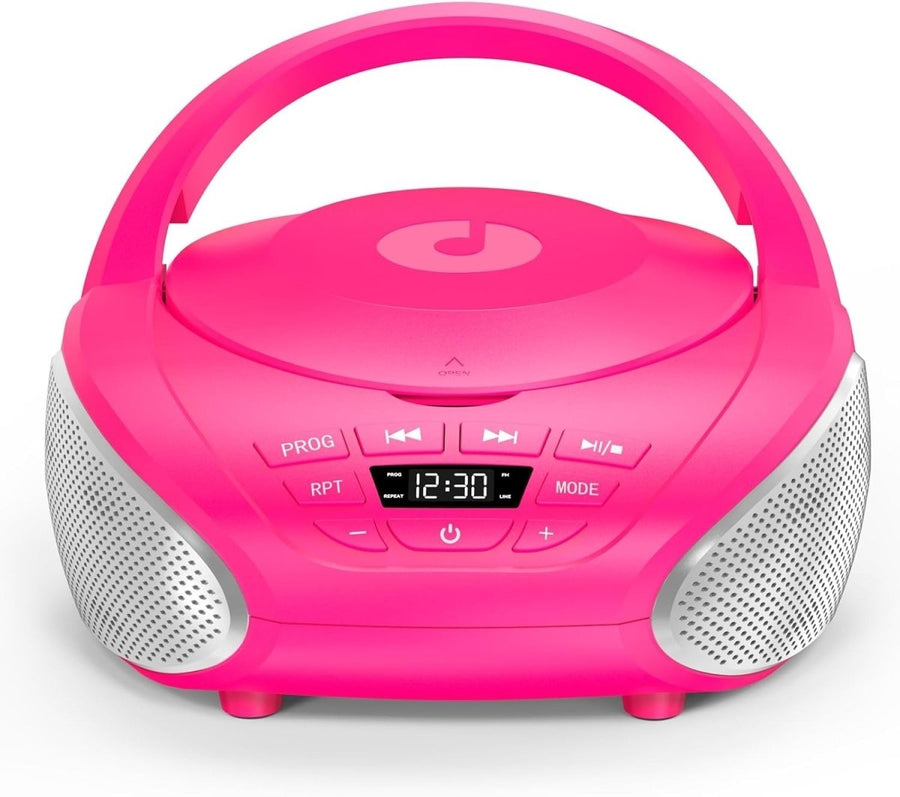 Portable CD Boombox Stereo Speakers FM Radio AUX LCD Pink Silver - Kwikley