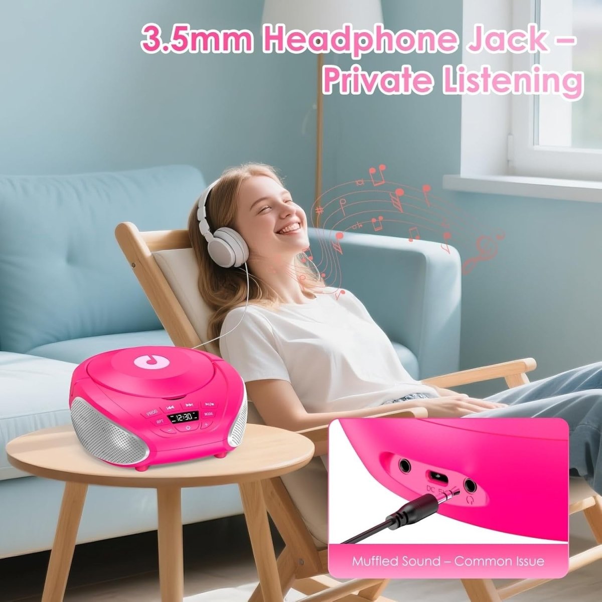 Portable CD Boombox Stereo Speakers FM Radio AUX LCD Pink Silver - Kwikley