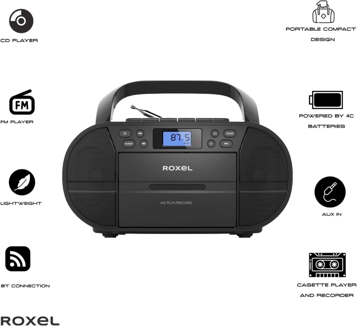 Portable CD Cassette Boombox Bluetooth FM Radio USB AUX Stereo - Kwikley